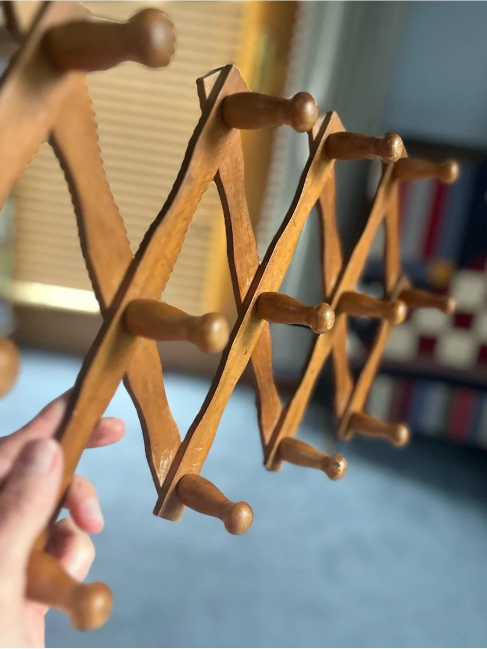 Vintage Wooden Accordion Wall Rack in Brown 13 pegs